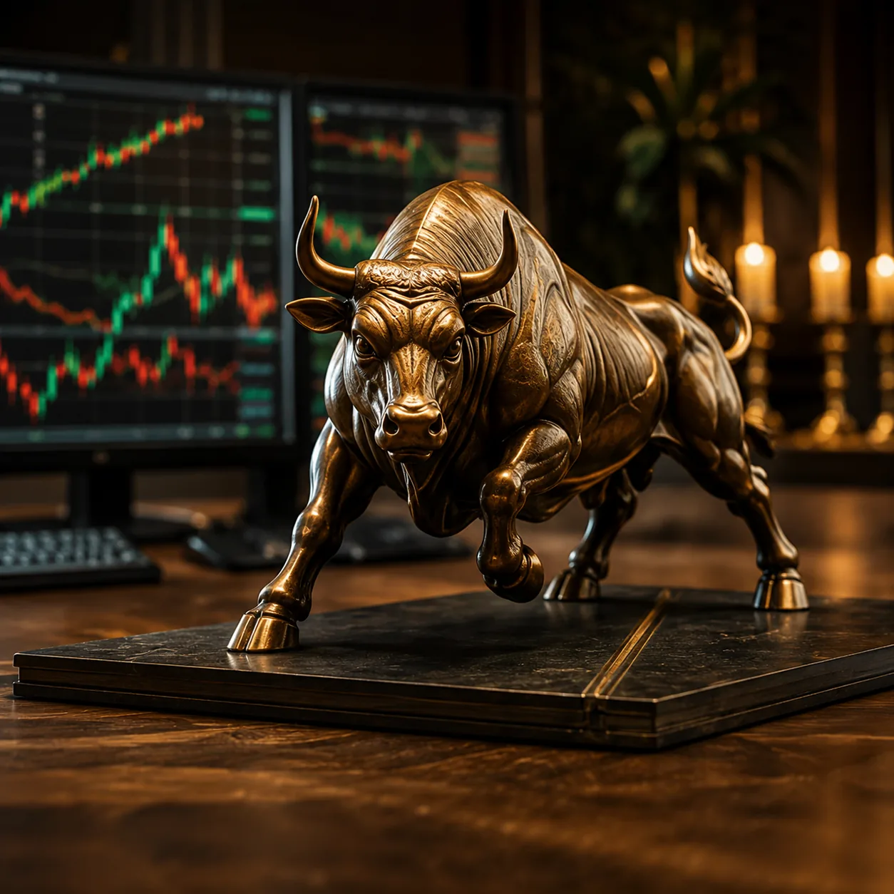 Bull statue in front of trading screens